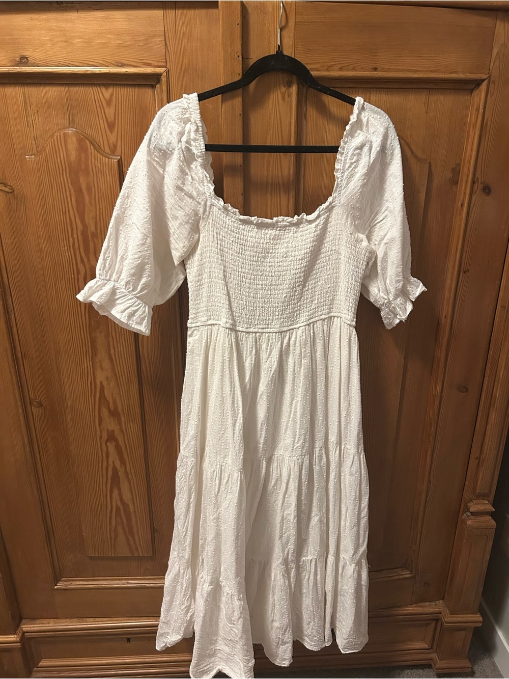 Neuflora White Smocked Tiered Midi Peasant Dress with Puff Sleeves